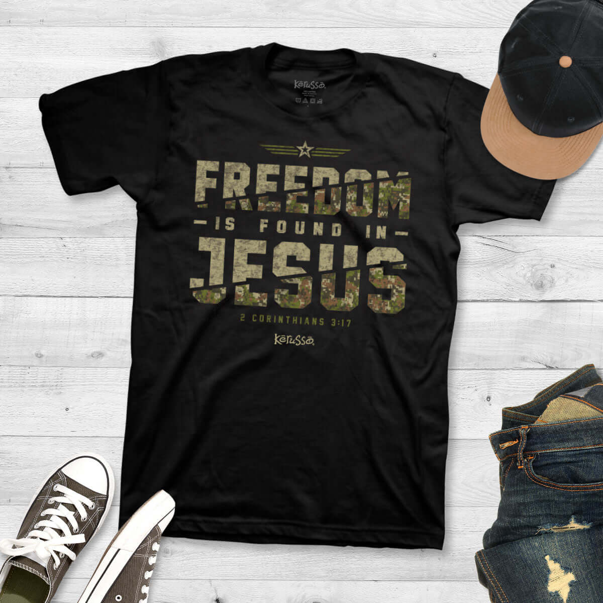 Kerusso Christian T Shirt Freedom In Jesus Flatlay