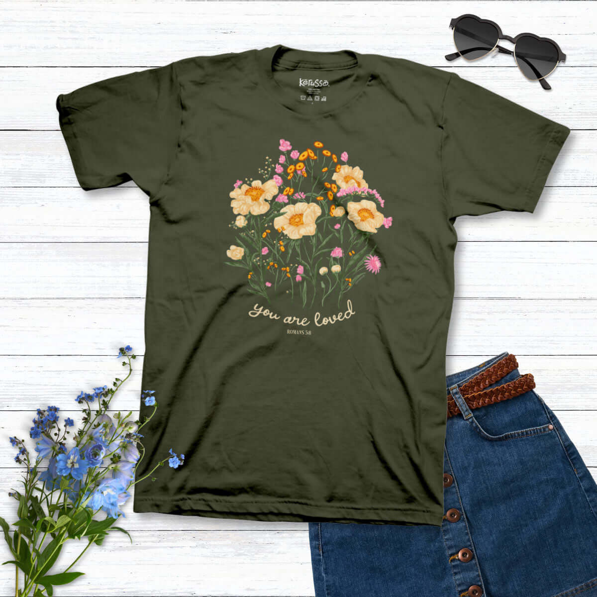 Kerusso Womens T Shirt You Are Loved Bouquet Flatlay