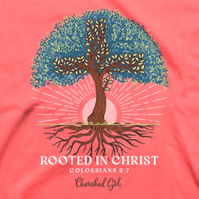 Cherished Girl Womens T Shirt Rooted In Christ Back Closeup