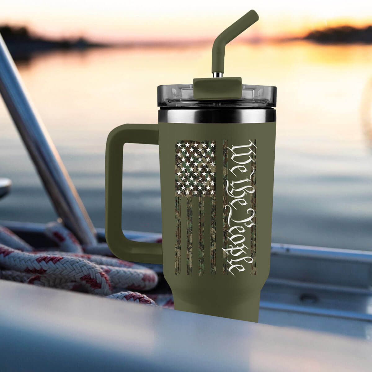 HOLD FAST 40 oz Stainless Steel Mug With Straw We The People Camo Flag