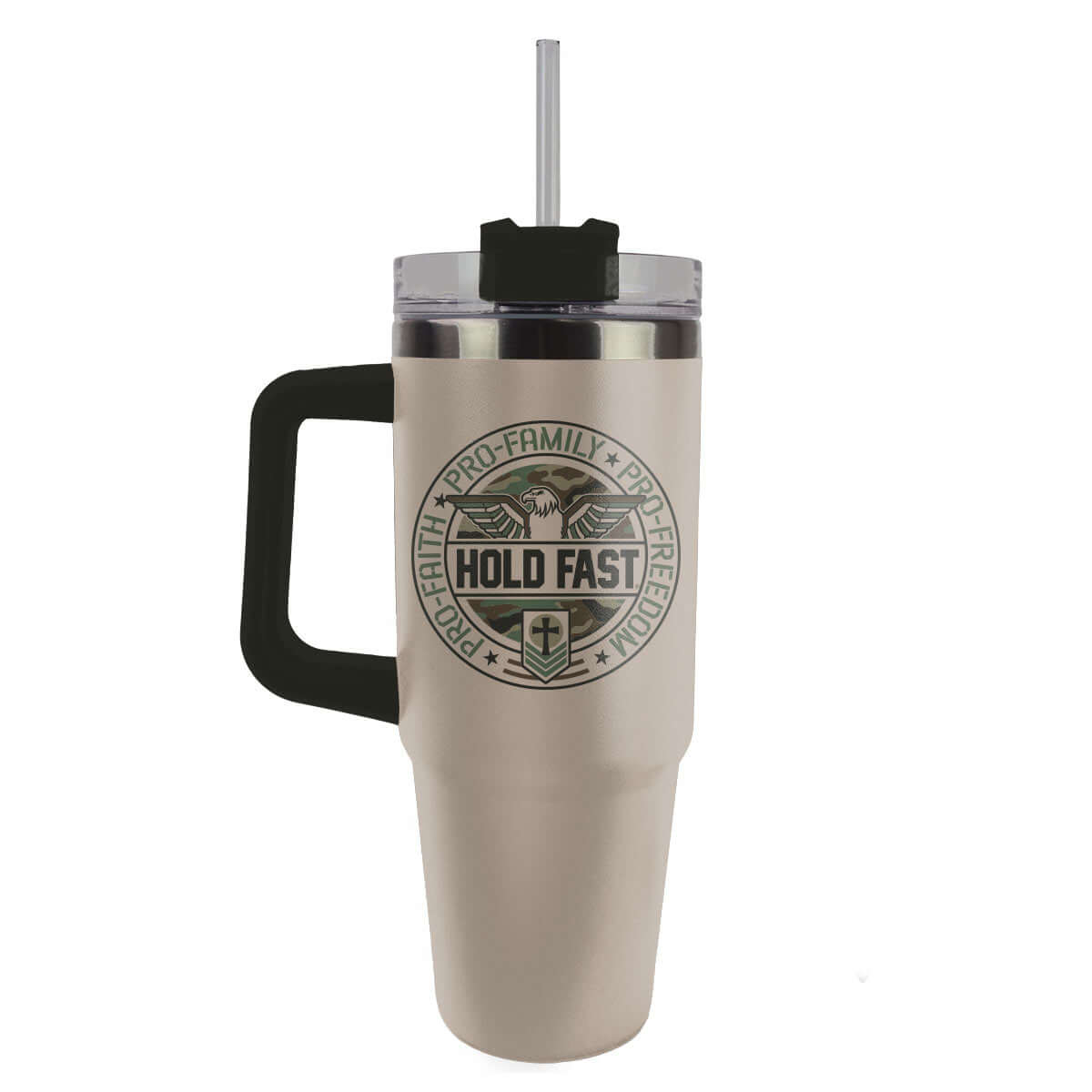 HOLD FAST 30 oz Stainless Steel Mug With Straw Pro Faith Eagle